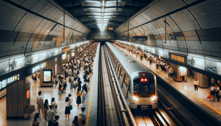 DALL·E 2023-11-03 14.25.26 – nuotrauka, kurioje užfiksuota triukšminga metro stoties atmosfera piko valandomis, ant platformos laukiant įvairiausių žmonių.Scena apima