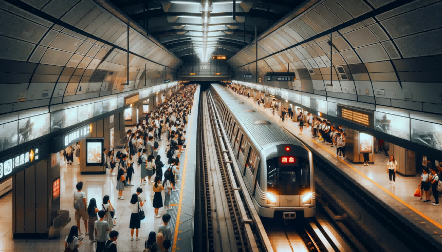 DALL·E 03-11-2023 25.14.26 - Foto que captura el ambiente bullicioso de una estación de metro durante las horas pico, con diversas multitudes de personas esperando en el andén.La escena incluye