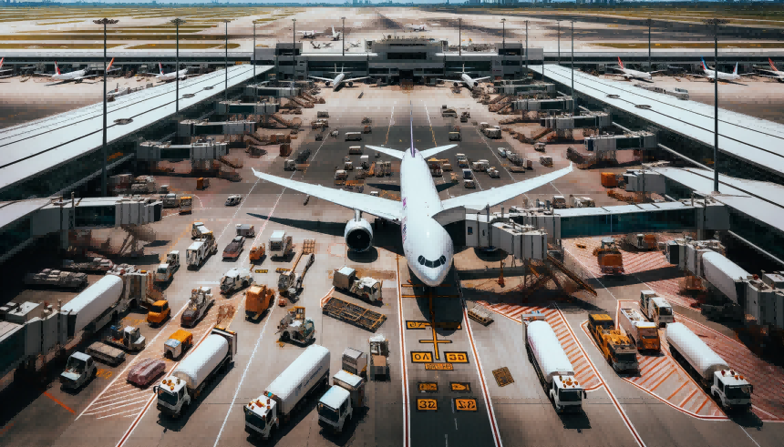 DALL·E 2023-11-03 14.27.32 - Foto del terminal internazionale di un grande aeroporto da una prospettiva aerea, con particolare attenzione a un aereo wide-body che si spinge indietro dal gate.Servizio