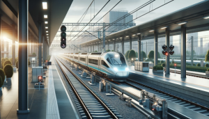 DALL·E 2023-11-14 09.02.27 - თანამედროვე სარკინიგზო სცენა თანამედროვე მატარებლით და ინფრასტრუქტურით.გამოსახულება უნდა ასახავდეს გლუვ, თანამედროვე მატარებელს, რომელიც მოძრაობს კარგად მოვლილი ლიანდაგზე.