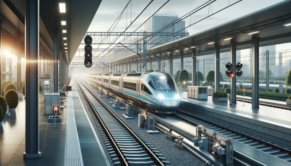 DALL·E 2023-11-14 09.02.27 - Scenario ferroviario moderno con un treno e un'infrastruttura contemporanei.L'immagine dovrebbe rappresentare un treno elegante e moderno che viaggia su binari ben mantenuti.