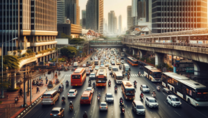 DALL·E 2023-11-14 09.03.47 - Escena de tráfico urbano concorrido nunha cidade moderna.A imaxe debe representar unha variedade de vehículos como coches, autobuses e motocicletas nunha rúa da cidade, un escaparate