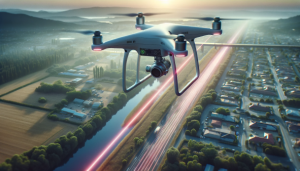 DALL·E 2023-11-14 09.38.12 – UAV-alapú lézeres megfigyelést ábrázoló jelenet.A képen egy pilóta nélküli légi jármű (UAV) vagy drón látható, amely lézeres szkennelési technológiával van felszerelve, f