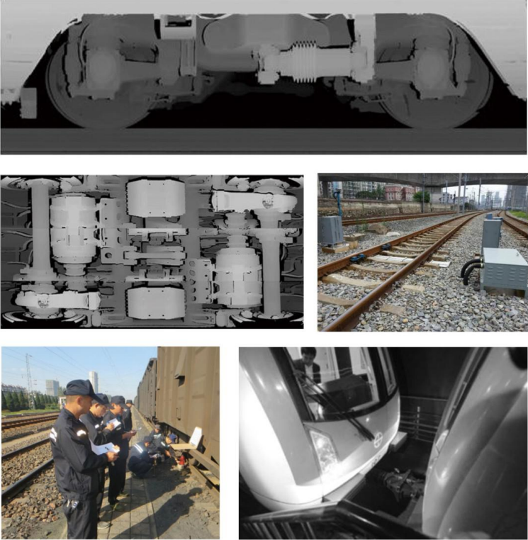 As depicted, the line laser and industrial camera can be mounted on the inside of the rail track and on both sides of the rail track. When the train passes, they capture high-definition images of the train's wheels and the underside of the train.