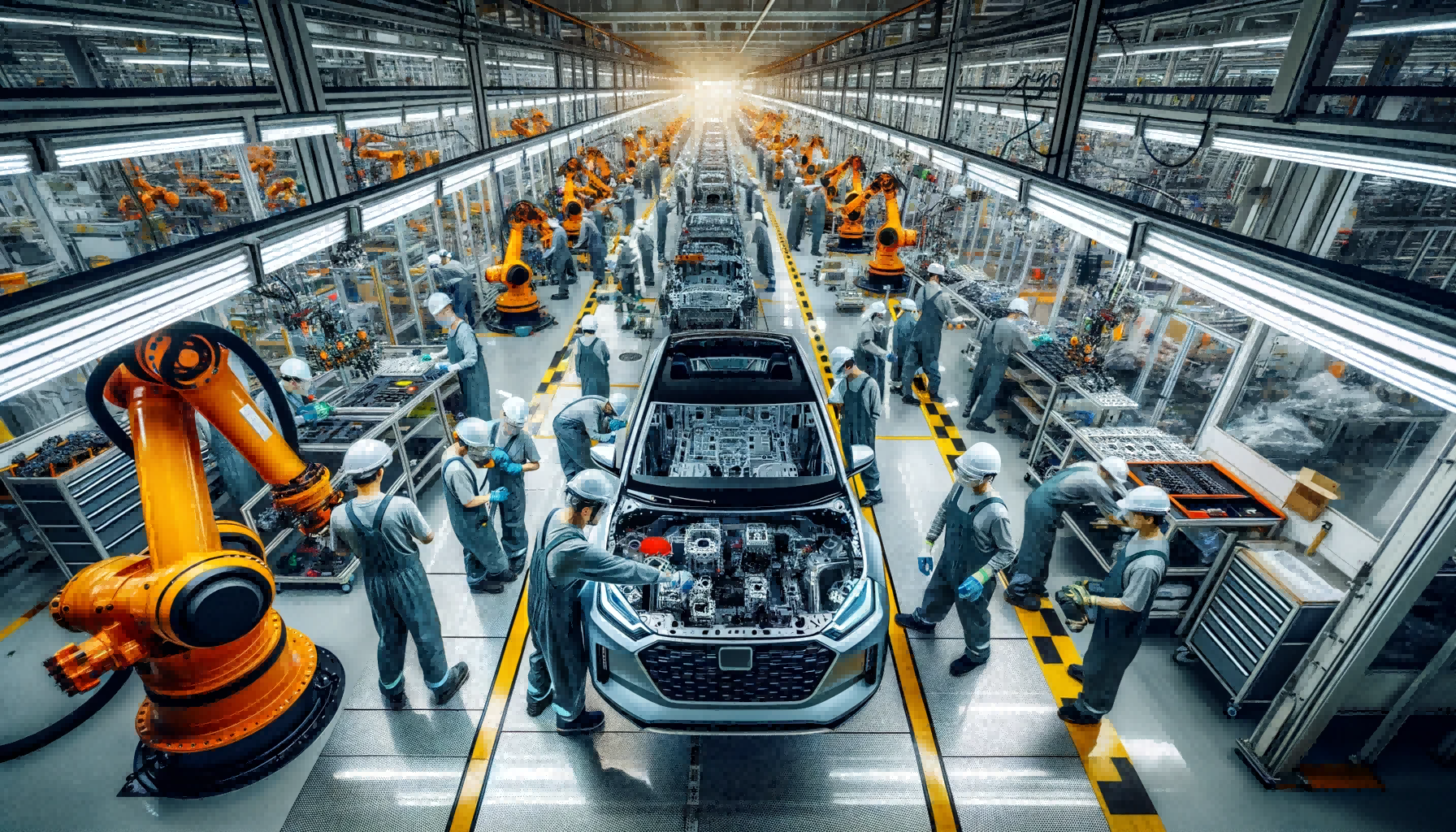 ALL·E 2023-11-02 13.25.31 - A wide-angle photo capturing the bustling scene of an automotive manufacturing assembly line. The image shows workers of diverse ethnicities and gende (1)(1)