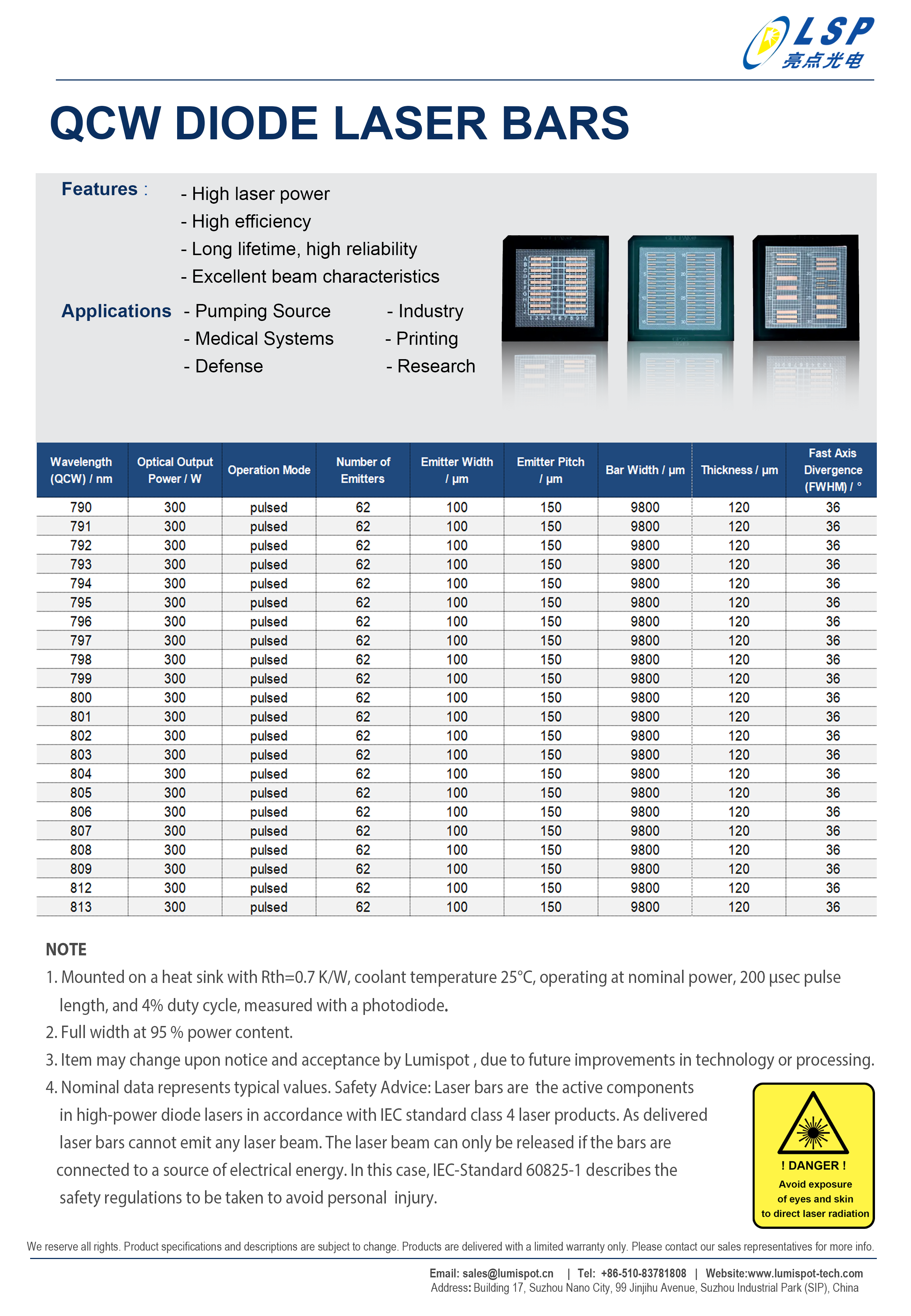 808nm High power diode laser with the charateristics of high laser power, high efficiency, long lifetime,high reliability, and excellent beam charatersitics, can be used in the pumping source, medical systems, industry, printing, defense, and research. 